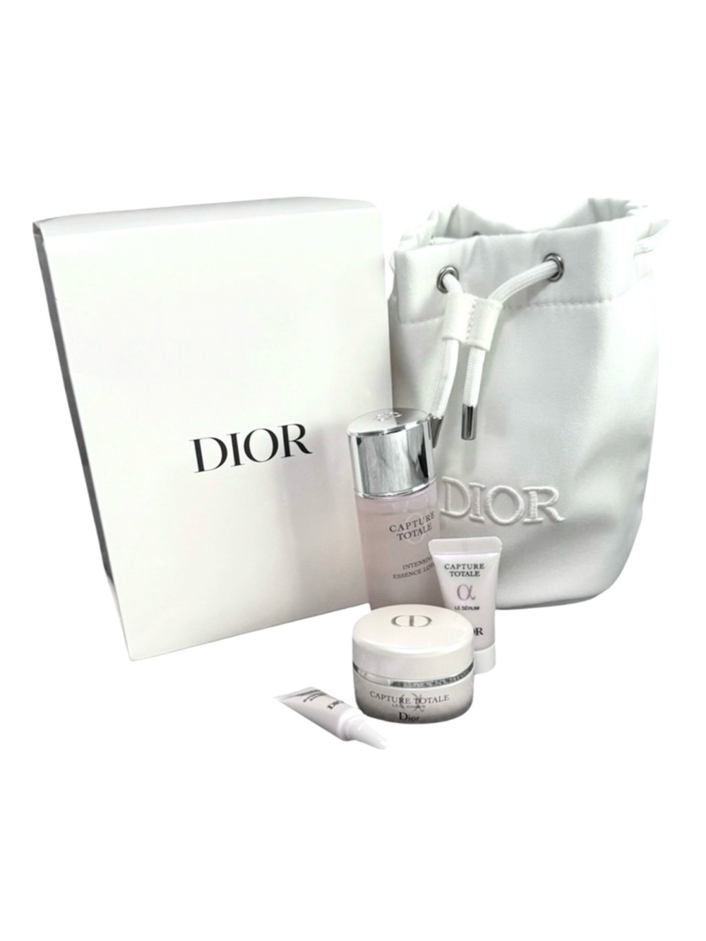 NEW Dior Trousse Pouch Plus Four Cosmetic Samples Drawstring Bucket Bag White - Picture 10 of 10